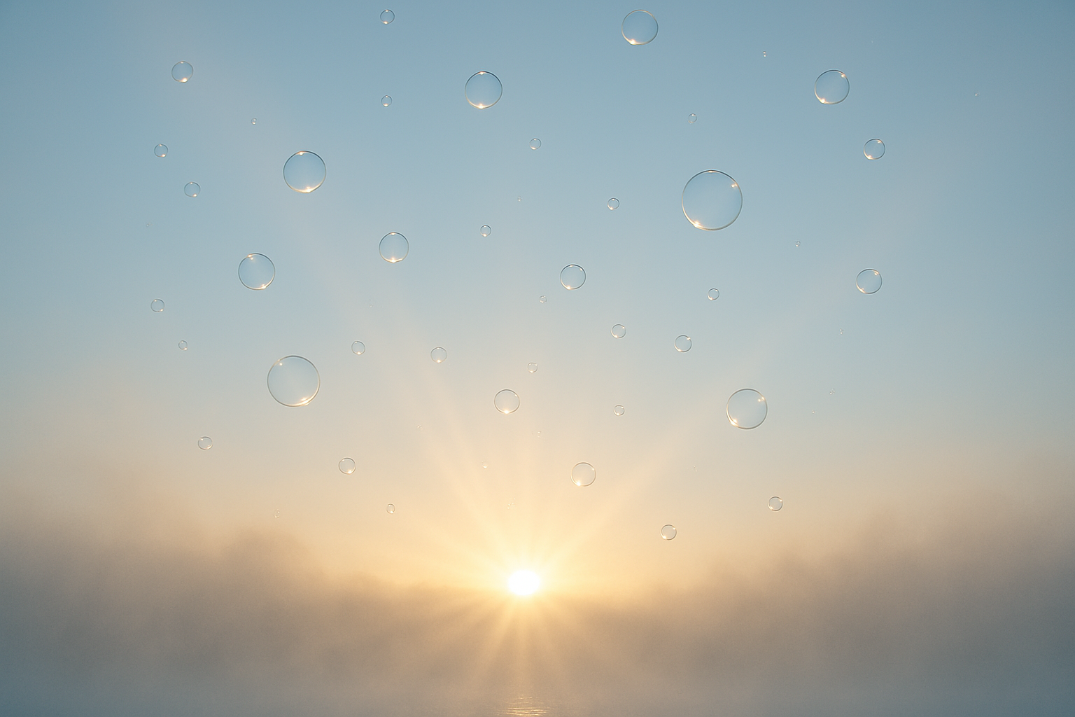 A poetic and minimalistic visual representing freshness and oxygen. A sunrise breaking through soft morning mist, with golden light beams shining in a clear blue sky. Transparent air bubbles rise delicately in the light, symbolizing oxygen and vitality. No human faces, no product shown. Elegant, premium aesthetic, photography style with soft focus and natural colors.
